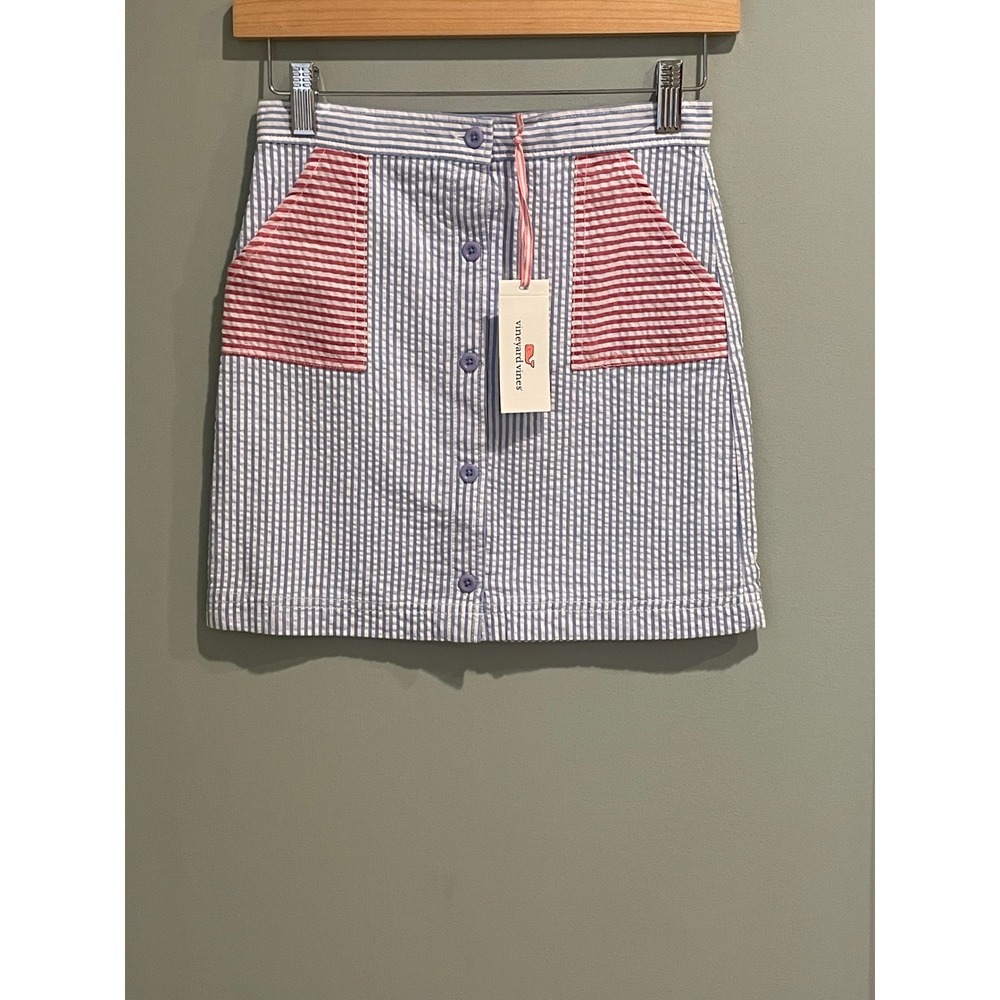 Vineyard Vines Girls Seersucker Button Skirt Breaker Blue Red Stripe 8 NWT